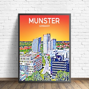 Munster Germany Art Poster Sunset / Night Poster Art Print, Munster City Framed Modern Wall art, Skyline Canvas Sketch Gift Photo Gift