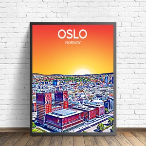 Oslo Norway Art Poster Sunset / Night Poster Art Print, Oslo City Modern Wall art, Colorful Skyline Canvas Photo sketch Gift