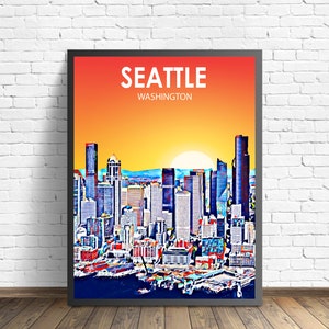 Seattle WA Art Poster, Washington Sunset Landscape Poster Print, Seattle City Framed Wall Canvas Art Colorful Skyline Sketch Photo