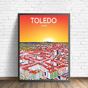 Toledo Spain Art Poster Sunset / Night Poster Art Print, Toledo City Framed Modern Wall art, Colorful Skyline Canvas Photo