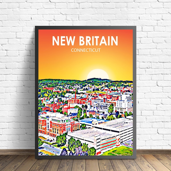 New Britain CT Art Poster, Connecticut Sunset Landscape Poster Print, New Britain City Wall Canvas Art Colorful Skyline Sketch Photo