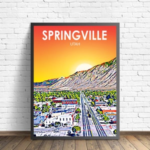Springville UT Art Poster, Utah Sunset Landscape Poster Print, Springville City Framed Wall Canvas Art Colorful Skyline Sketch Photo