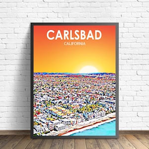 Carlsbad CA Art Poster, California Sunset / Night Landscape Poster Print, Carlsbad City Wall Art, Colorful Skyline Sketch