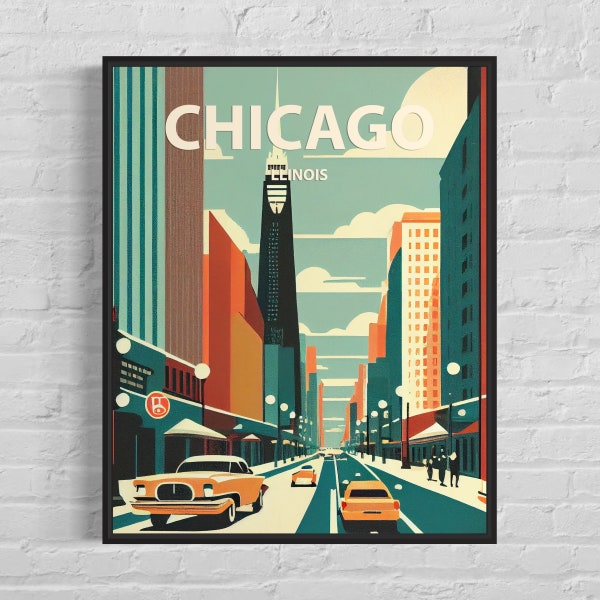 Chicago Illinois Retro Art Print, Chicago Wall Art Illustration, Chicago Vintage Minimal Design Poster