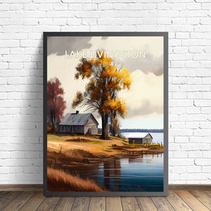 Lake Livingston Texas Retro Art Print, Lake Livingston Texas muurkunst illustratie, vintage jaren 60 design posterkunstwerk