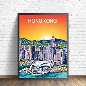 Hong Kong China Art Poster Sunset / Night Poster Art Print, Hong Kong City Framed Modern Wall art, Colorful Skyline Canvas Sketch Photo