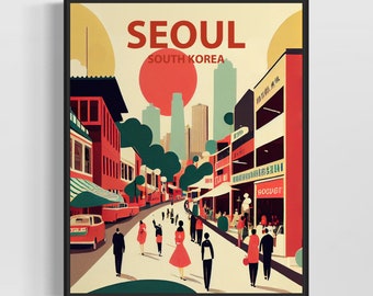 Seoul South Korea Retro Art Print, Seoul Wall Art Illustration, Seoul Vintage Minimal Design Poster