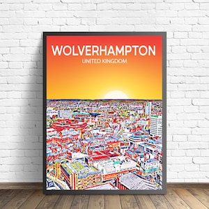Póster artístico de Wolverhampton, Reino Unido, póster artístico de puesta de sol/noche del Reino Unido, arte mural moderno de la ciudad de Wolverhampton, foto en lienzo del horizonte