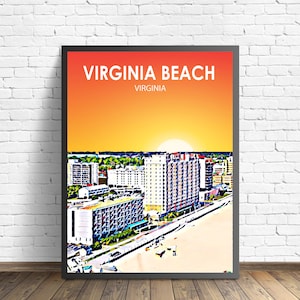 Affiche d'art de Virginia Beach en Virginie, impression d'affiche de paysage coucher de soleil en Virginie, impression d'art sur toile murale de la ville de Virginia Beach, photo d'esquisse colorée d'horizon