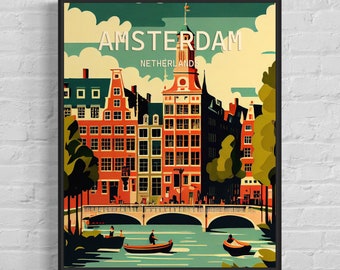 Amsterdam Netherlands Retro Art Print, Amsterdam Wall Art Illustration, Amsterdam Vintage Minimal Design Poster