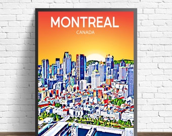 Montreal Canada Art Poster Sunset / Night Poster Art Print, Montreal City Framed Modern Wall art, Colorful Skyline Canvas Sketch Gift