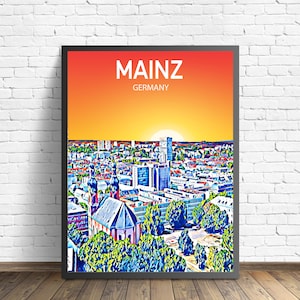 Mainz Germany Art Poster Sunset / Night Poster Art Print, Mainz City Modern Wall art, Colorful Skyline Canvas Sketch Photo Sketch