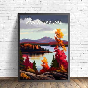 Impresión de arte retro del lago Moosehead, ilustración de arte mural del lago Moosehead, póster de diseño vintage del lago Moosehead de los años 60