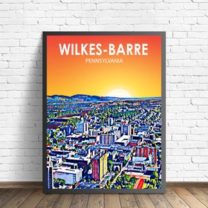 Affiche d'art en Pennsylvanie de Wilkes-Barre, impression d'affiche de paysage coucher de soleil en Pennsylvanie, photo de croquis d'art d'horizon de mur de ville de Wilkes-Barre