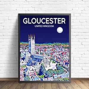 Gloucester United Kingdom Art Poster Sunset / Night Poster Art Print, Gloucester UK Wall art, Colorful Skyline Canvas Sketch Photo