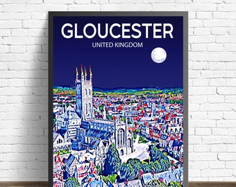 Gloucester United Kingdom Art Poster Sunset / Night Poster Art Print, Gloucester UK Wall art, Colorful Skyline Canvas Sketch Photo