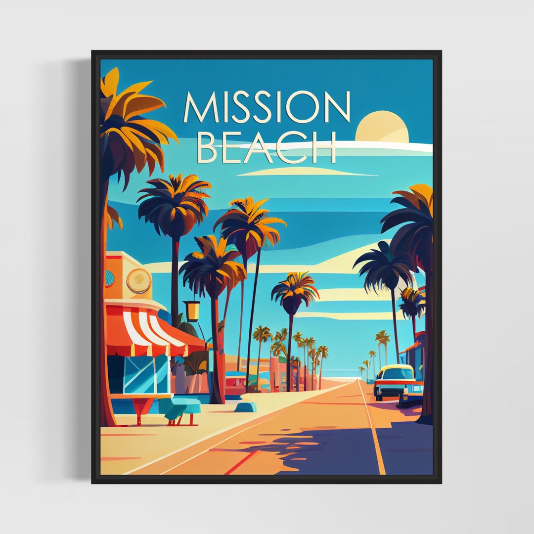 Mission Beach California Retro Art Print, Mission Beach Art