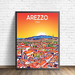 Póster artístico de Arezzo, Italia, impresión artística de atardecer/noche, arte mural moderno de la ciudad de Arezzo, boceto de lienzo de horizonte colorido
