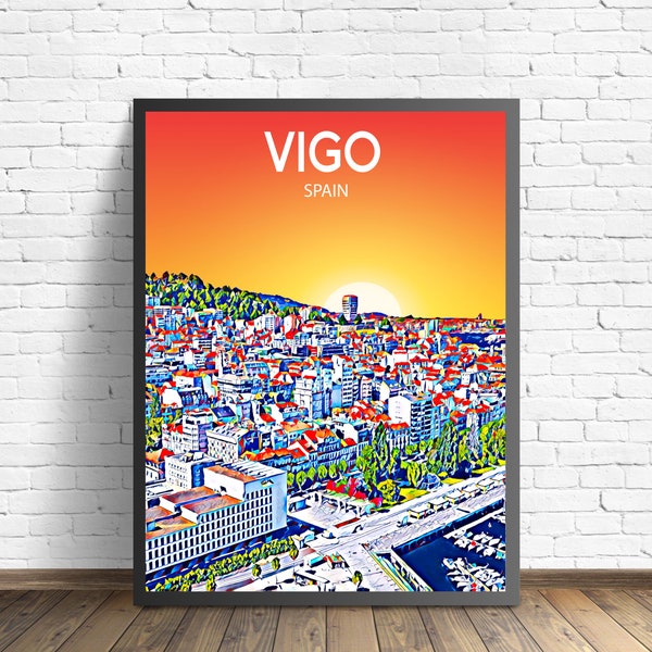 Vigo Spanien Kunst Poster Sonnenuntergang / Nacht Poster Kunstdruck, Vigo Stadt Moderne Wandkunst, Bunte Skyline Leinwand Foto