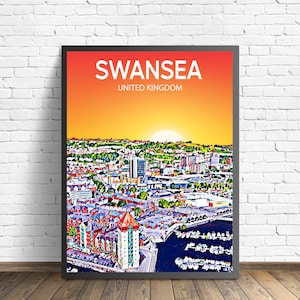 Swansea UK Art Poster Sunset / Night Poster Art Print, Swansea City Framed Modern Wall art, Colorful Skyline Canvas Photo