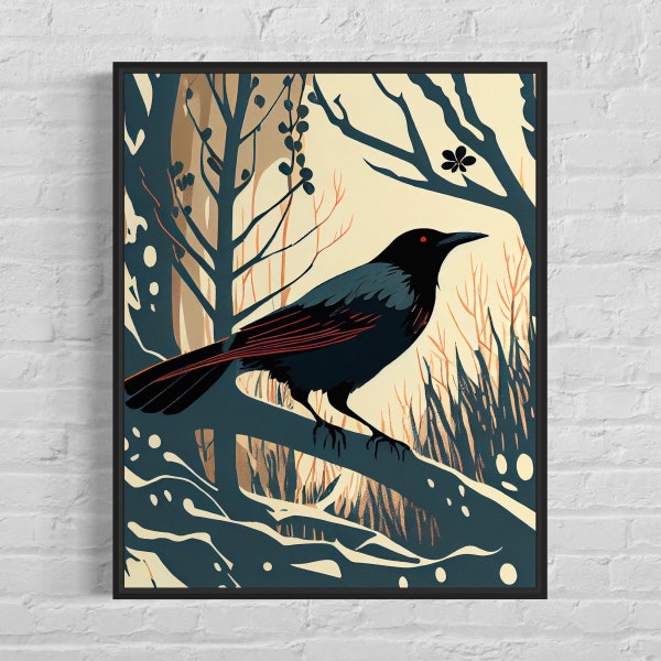 Crow Retro Art Print, Crow Illustration, Crow Vintage Minimal Design Poster