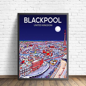 Póster artístico de Blackpool, Reino Unido, póster de atardecer/noche, impresión artística, arte de pared moderno enmarcado de la ciudad de Blackpool, boceto colorido del horizonte en lienzo