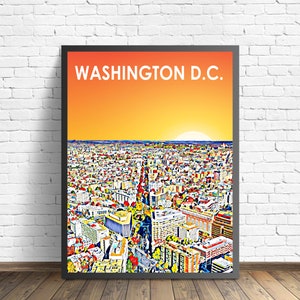 Washington D.C. Kunst Poster Stadt Sonnenuntergang Landschaft Poster Druck, Washington D.C. Stadt Gerahmt Wand Leinwand Kunst Bunte Skyline Skizze Foto