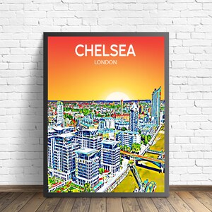 Chelsea London Art Poster Sunset / Night Poster Art Print, Chelsea City Modern Wall art, Colorful Skyline Canvas Sketch