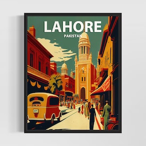 Impresión de arte retro de Lahore, Pakistán, ilustración de arte mural de Lahore, póster de diseño minimalista vintage de Lahore