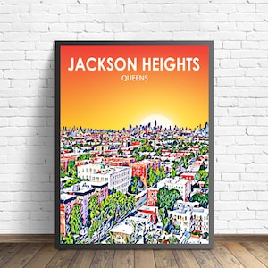 Jackson Heights Queens Art Poster Sunset Landscape Poster Print, Jackson Heights Wall Art United States Colorful Skyline Sketch Photo