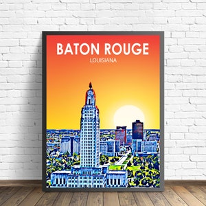 Baton Rouge Louisiana Art Poster Sunset / Night Landscape Poster Print, Baton Rouge City Framed Wall Art, Colorful Skyline Sketch