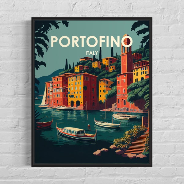 Portofino Italy Retro Art Print, Portofino Italy Wall Art Illustration, Portofino Italy Vintage Minimal Design Poster