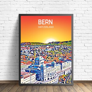 Bern Switzerland Art Poster Sunset / Night Poster Art Print, Bern City Framed Modern Wall art, Colorful Skyline Canvas Sketch