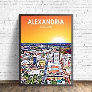 Affiche d'art Alexandria LA Louisiane coucher de soleil / paysage de nuit affiche impression, art mural Alexandria États-Unis, croquis coloré décoration d'intérieur