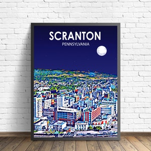 Scranton PA Art Poster, Pennsylvania Sunset Landscape Poster Print, Scranton City Framed Wall Canvas Art Colorful Skyline Sketch Photo