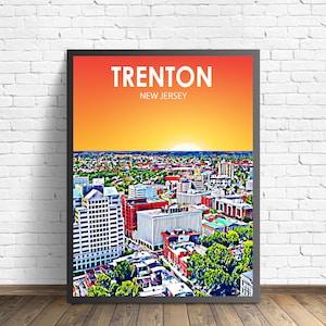 Trenton NJ Art Poster,  New Jersey Sunset Landscape Poster Print, Trenton City Wall Canvas Art Colorful Skyline Sketch Photo