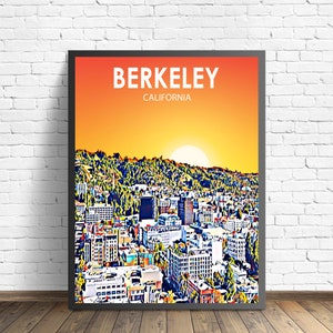 Berkeley Californië kunstposter zonsondergang / nacht landschapsafdruk, Berkeley City, CA, muurkunst, skylineschetskunstwerken