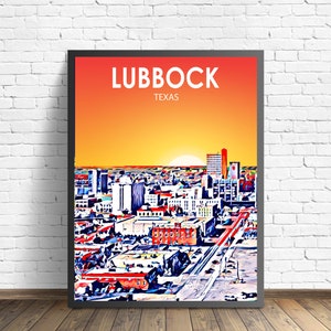 Lubbock Tx Art Poster Sunset Landscape Poster Print, Lubbock City Wall Canvas Art Colorful Skyline Sketch Photo