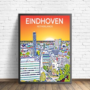 Eindhoven Niederlande Kunst Poster Sonnenuntergang / Nacht Poster Kunstdruck, Eindhoven Stadt Moderne Wandkunst, Bunte Skyline Leinwand