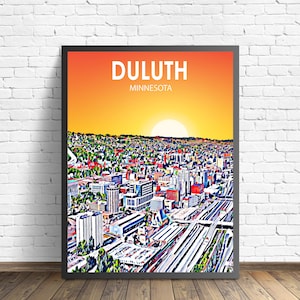 Duluth Minnesota Art Poster Sunset Landscape Poster Print, Duluth City Wall Art United States Colorful Skyline Sketch Photo