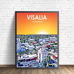 Visalia CA Art Poster Sunset Landscape Poster Print, Visalia City Wall Canvas Art Colorful Skyline Sketch Photo