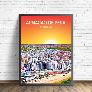 Armacao De Pera Portugal Arte Cartel Atardecer / Noche Cartel Arte Impresión, Armacao De Pera Ciudad Arte moderno de la pared, Colorido Skyline Canvas Sketch