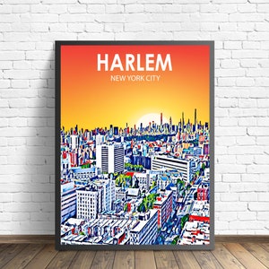 Harlem Art Poster New York City Sunset Landscape Poster Print, Harlem Framed Wall Art United States Colorful Skyline Sketch Photo
