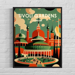 Tivoli Gardens Denmark Retro Art Print, Tivoli Gardens Denmark Wall Art Illustration, Tivoli Gardens Denmark Vintage Minimal Design Poster