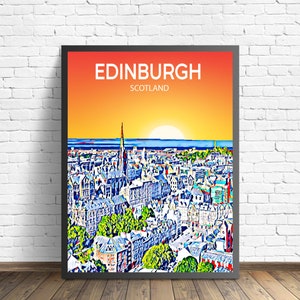 Édimbourg en Écosse, affiche d'art coucher de soleil / nuit, impression d'art, art mural moderne de la ville d'Édimbourg, toile d'horizon colorée