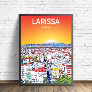 Larissa Griechenland Kunst Poster Sonnenuntergang / Nacht Poster Kunstdruck, Larissa Stadt Moderne Wandkunst, bunte Skyline Leinwand Skizze Foto