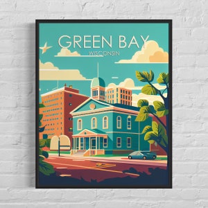Impresión de arte retro de Green Bay Wisconsin, ilustración de arte de pared de Green Bay, póster de diseño minimalista vintage de Green Bay