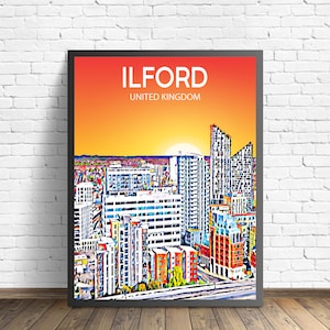 Póster artístico de Ilford, Reino Unido, impresión artística con puesta de sol o noche, arte de pared moderno enmarcado de la ciudad de Ilford, boceto de lienzo con horizonte colorido