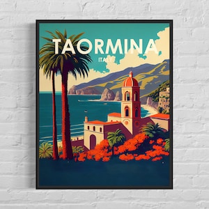 Taormina Italy Retro Art Print, Taormina Italy Wall Art Illustration, Taormina Italy Vintage Minimal Design Poster