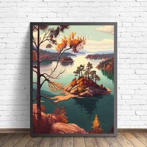 Lake Lanier Georgia Retro Art Print, Lake Lanier Georgia muurkunst illustratie, Lake Lanier Georgia vintage design poster-kunstwerk uit de jaren 60